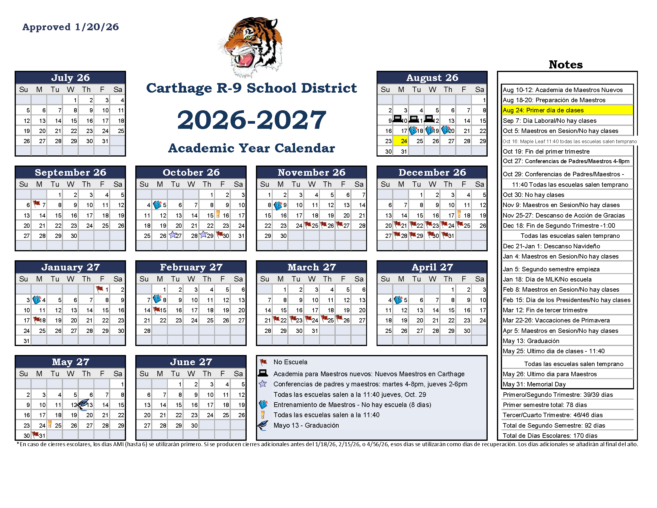 2026 - 2027 School Calendar (spanish)